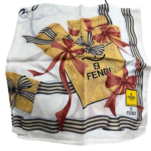 New Fendi Cotton/ Handkerchief/MiniScarf 19" Ivery yellow orange bow ties (94) - Picture 3 of 6